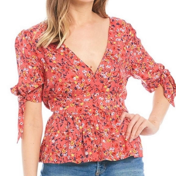 nwt Jessica Simpson BRIANA floral tie back blouse XS pink v-neck peplum top - Picture 1 of 10